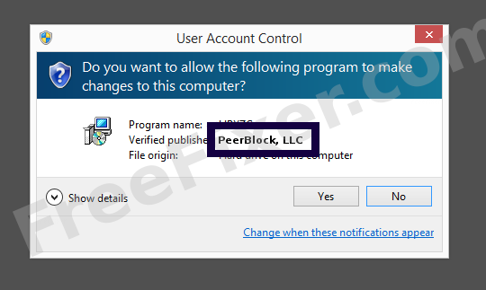 Screenshot where PeerBlock, LLC appears as the verified publisher in the UAC dialog